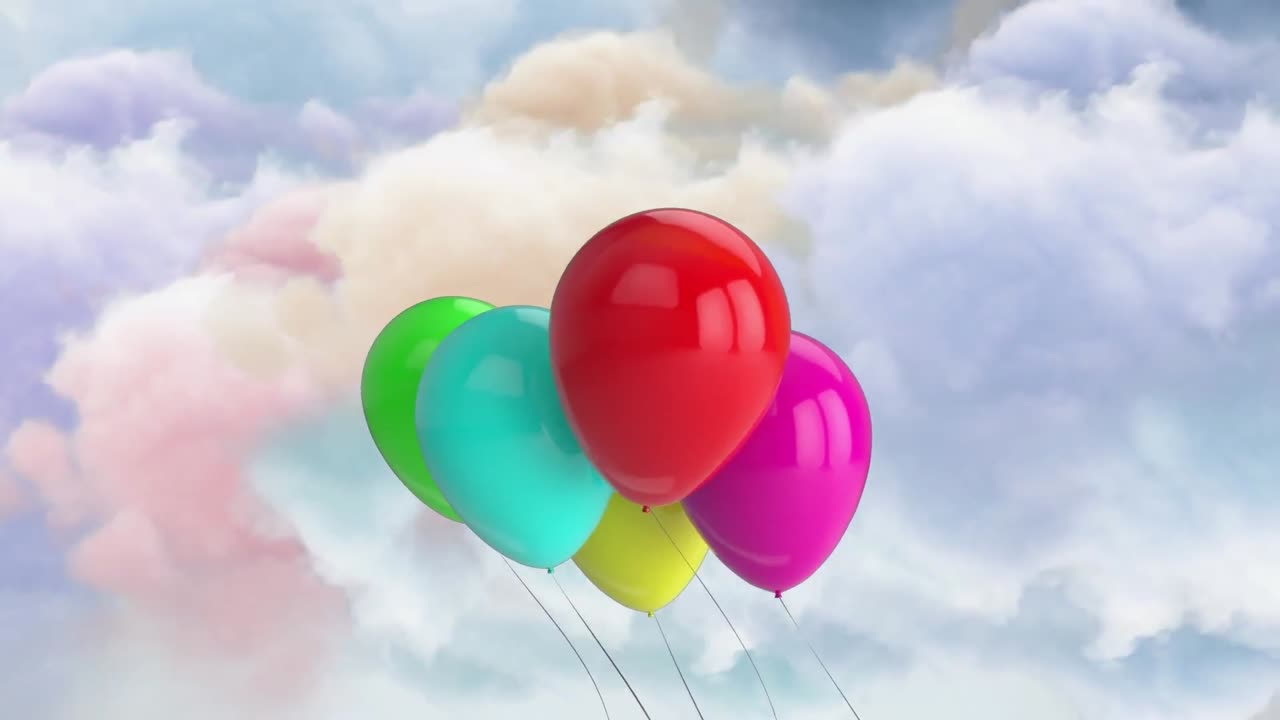 animación de globos de colores flotando sobre las nubes