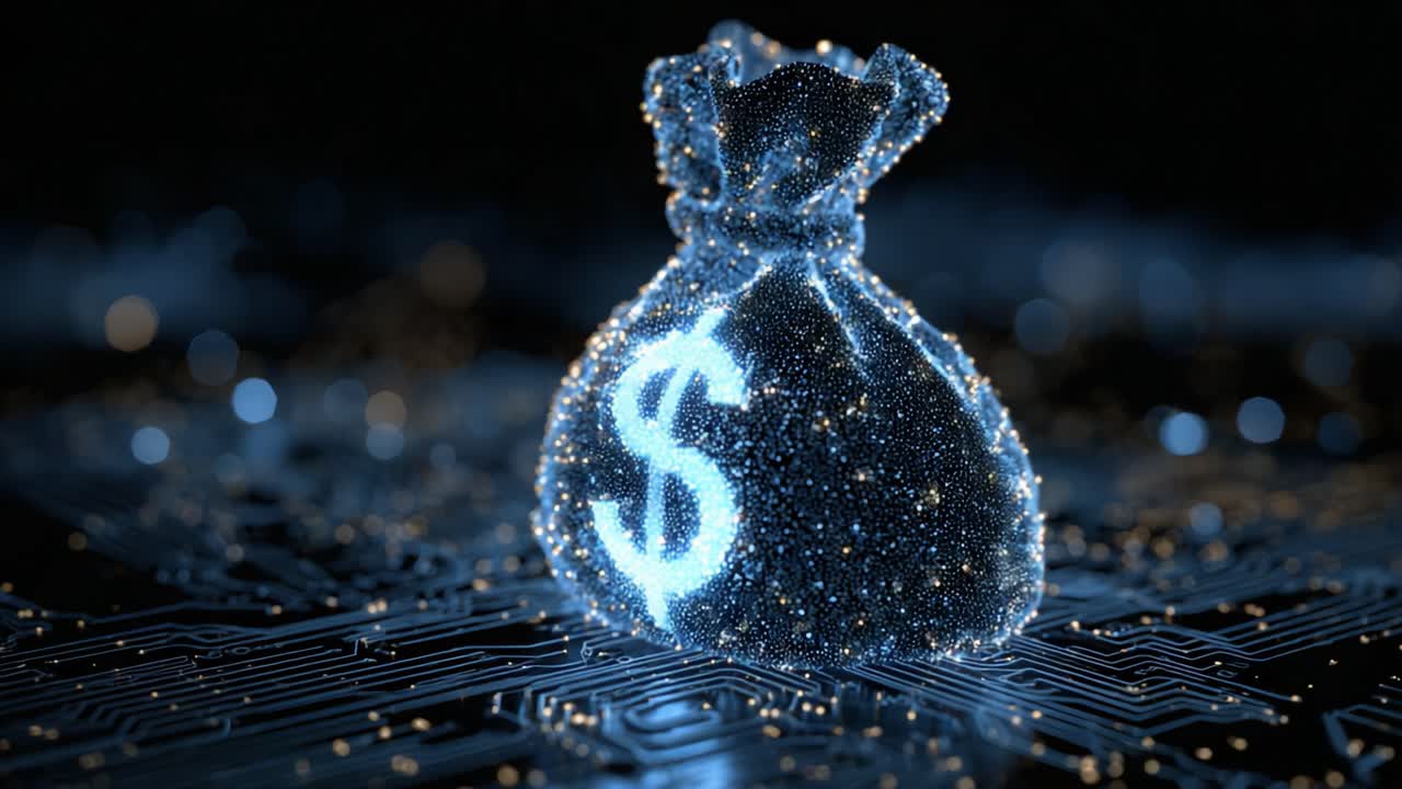 A Glowing Digital Money Bag Representing Wealth and Prosperity with a Dollar Sign on an Electronic Circuit Board Background in a High-Tech Environment