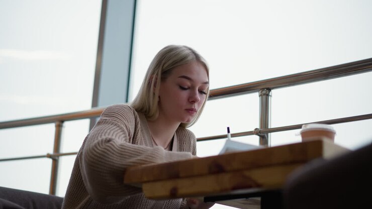 Donna in carriera che scrive pensierosa, si ferma a riflettere e continua a sviluppare idee, con una tazza di caffè lì vicino e uno sfondo che presenta un moderno ambiente urbano.