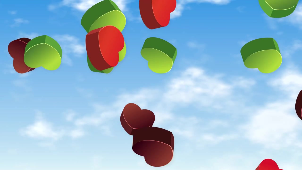 Vibrant red and green 3D hearts fall against a bright blue sky with clouds.