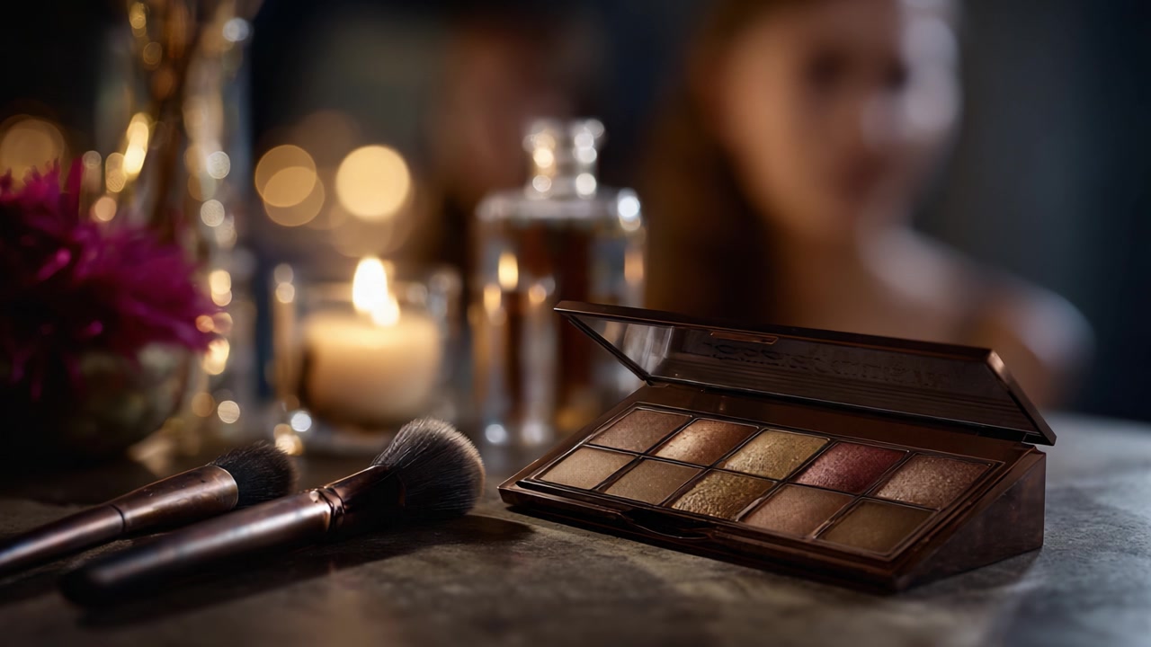 Elegant Makeup Palette Displayed with Blurred Background, Featuring Brushes, Bottles, Candles, and a Soft Focused Ambience for a Glamorous Look.