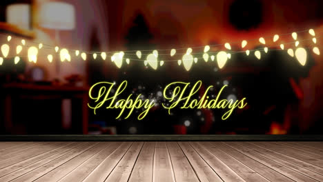 Happy-holidays-text-and-glowing-yellow-fairy-light-decoration-hanging-over-wooden-plank