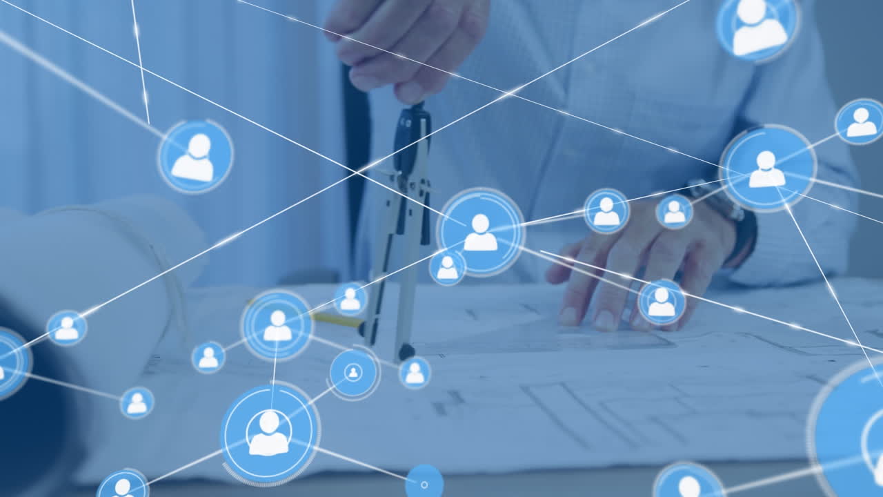 animación de la red de conexiones sobre arquitecto biracial en la oficina