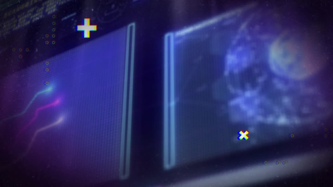 Loading spinner appearing, pair of vertical UI panels pulsing, shifting and visualizing HUD status