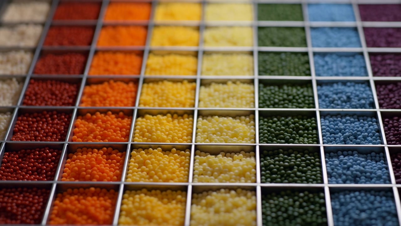 Un'esposizione ordinata di contenitori di spezie su uno scaffale di vendita al dettaglio, catturata da una prospettiva dall'alto, che mostra vivaci tonalità di rosso, arancione, giallo e verde su uno sfondo pulito.
