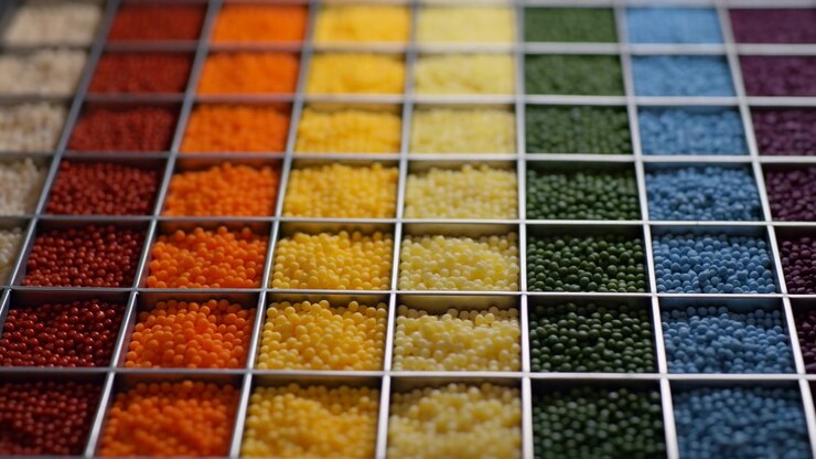 A neatly arranged display of spice containers on a retail shelf, captured from a top-down perspective, showcasing vibrant red, orange, yellow, and green hues against a clean background.