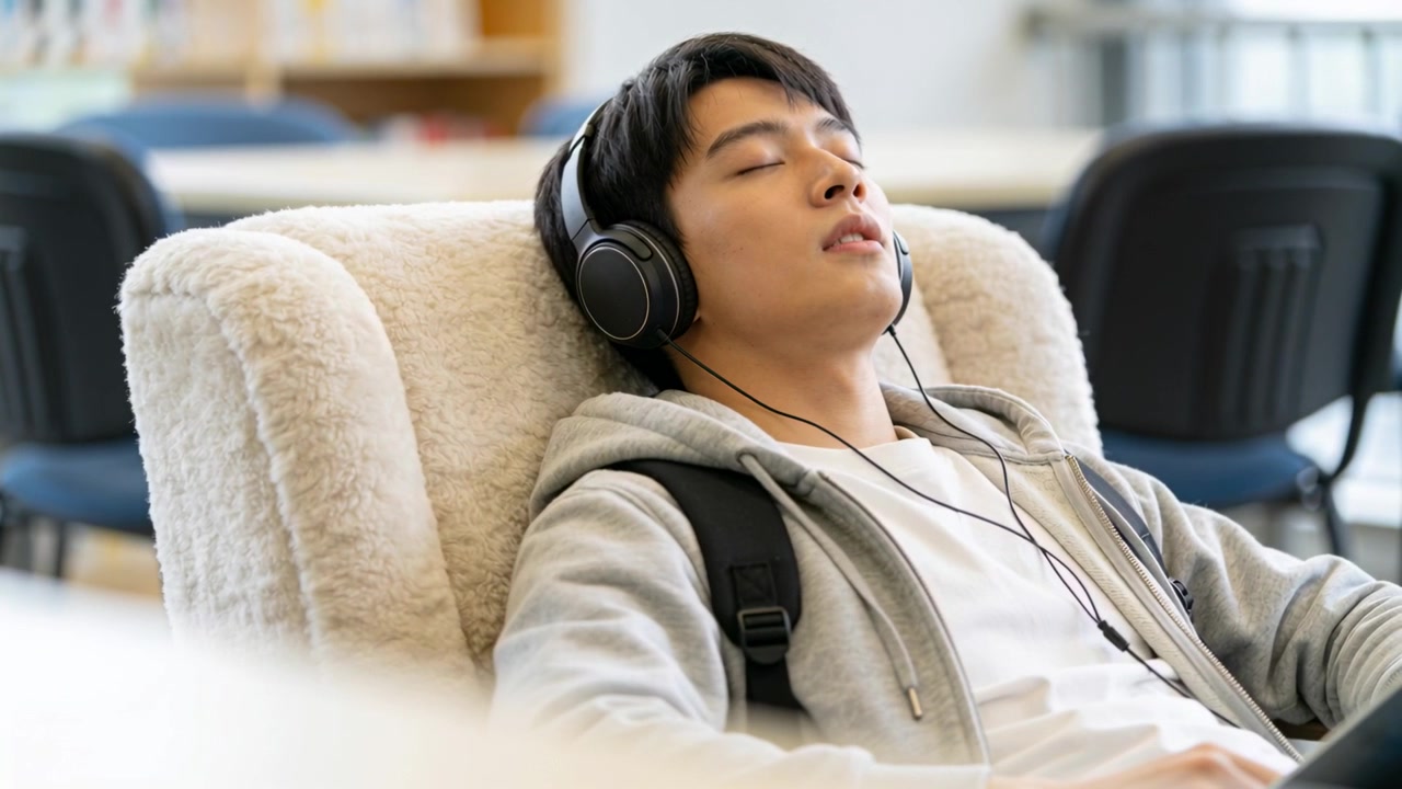 Listening student hearing audio starting, leaning back and dozing in study lounge, with headphones