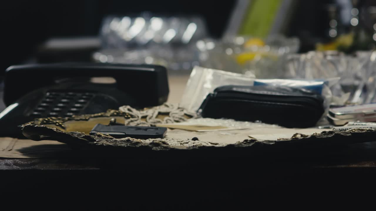 Person placing a pile of old postal mail letters on retro office desk SIDE SHOT