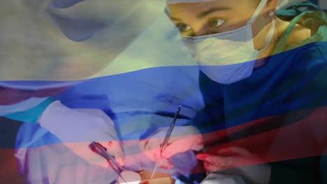 Animation-of-flag-of-russia-over-surgeons-in-operating-theatre