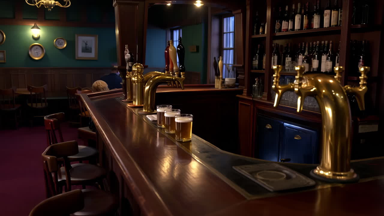 Cozy Pub Interior with Patrons and Beer Taps