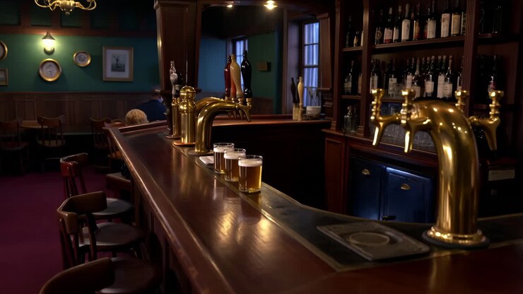 Cozy Pub Interior with Patrons and Beer Taps