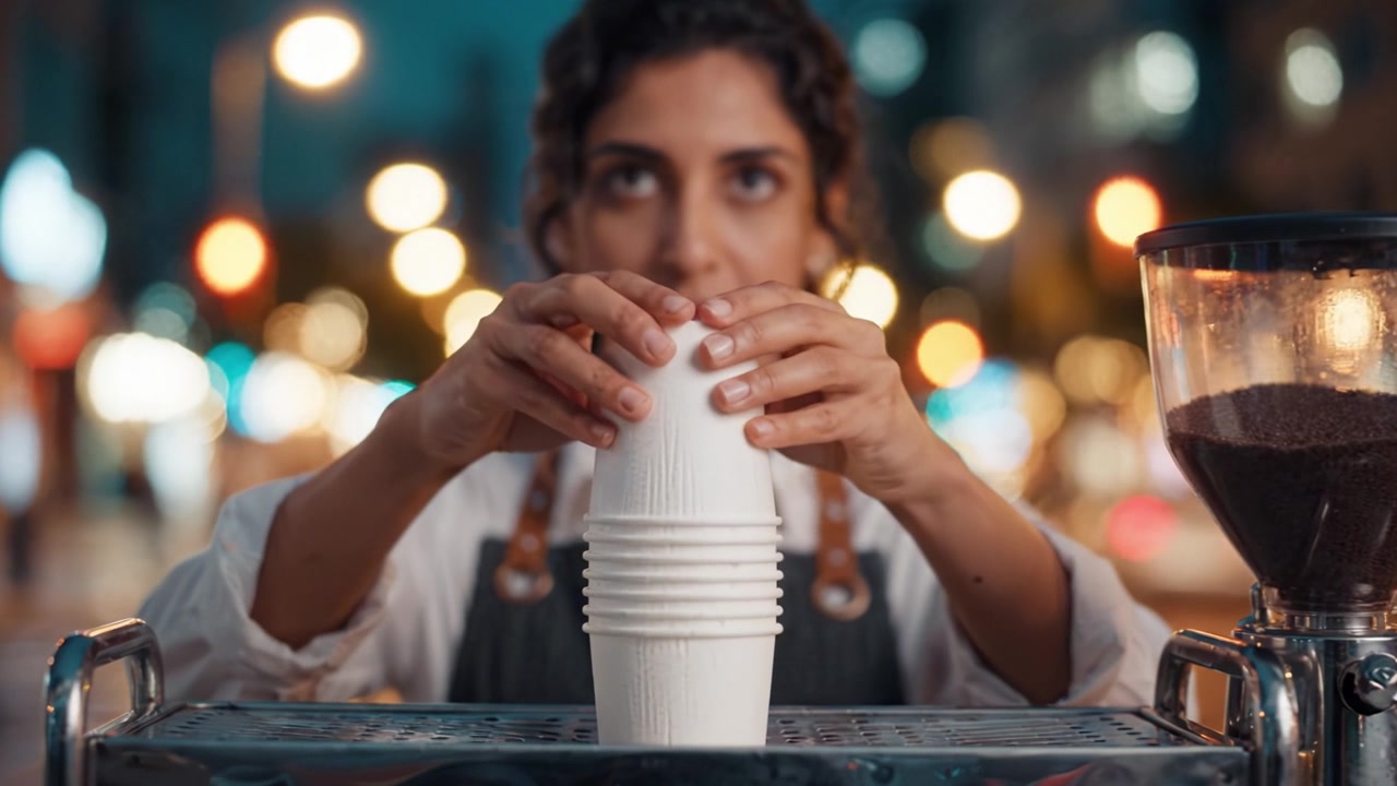 Barista che prepara tazze di caffè in un caffè all'aperto di sera, mettendo in mostra l'arte della preparazione del caffè e l'atmosfera della vita urbana.
