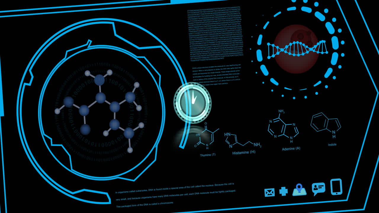 Animation of clock moving over data processing on black background