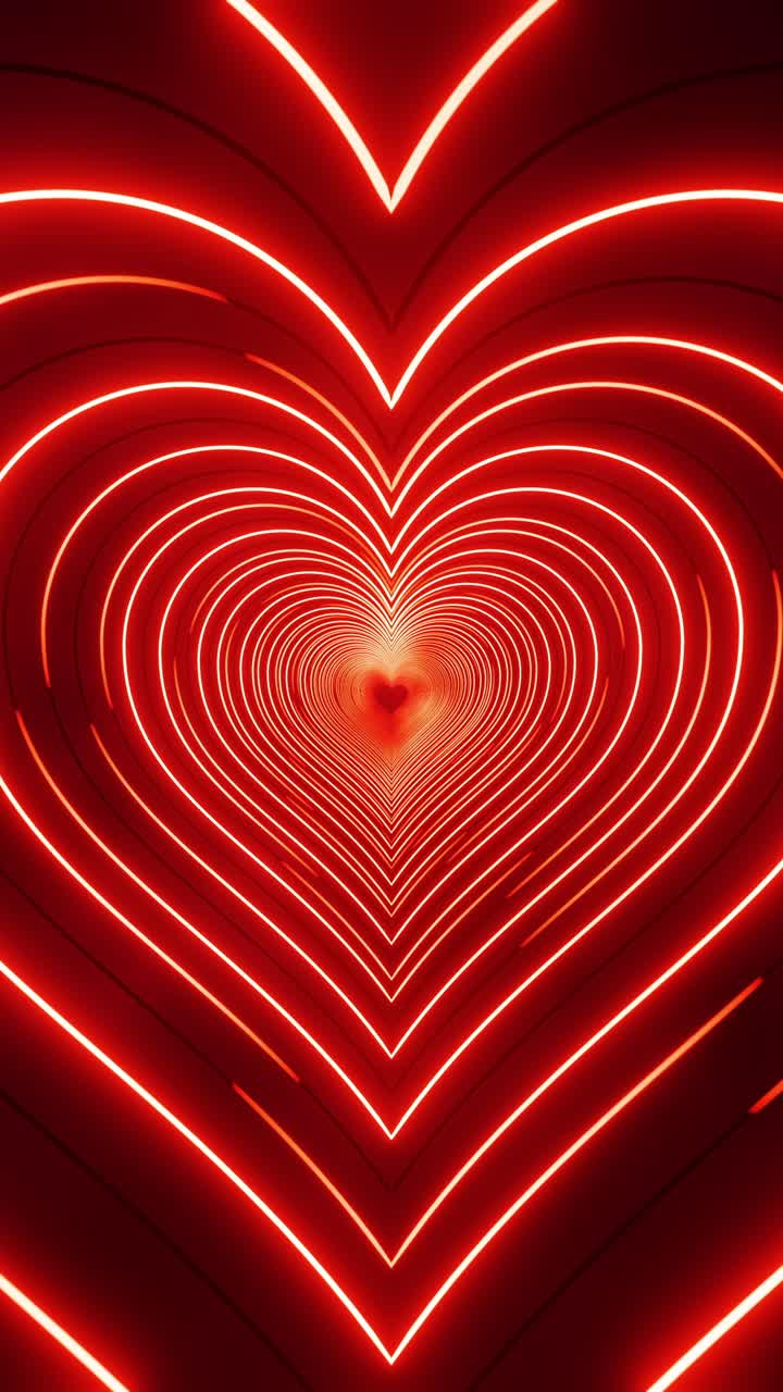 volando a través de corazones rojos pintados con luz. video en bucle vertical