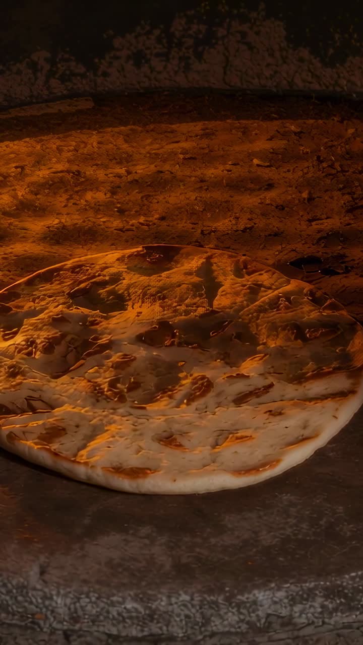 Vertical video: Bubbling flatbread puffing and browning on stone hearth, wood fire heating to cook