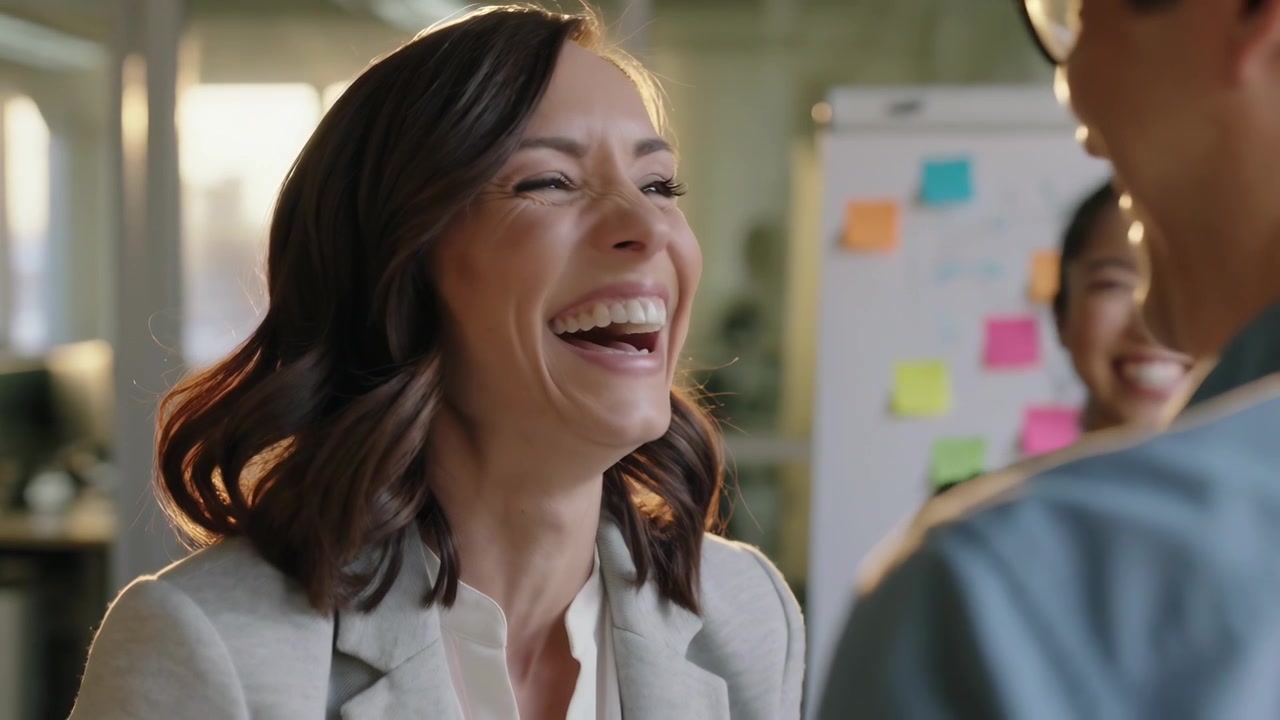 Mulher rindo de blazer cinza reagindo à piada de um colega em uma reunião de escritório, com um flip chart.