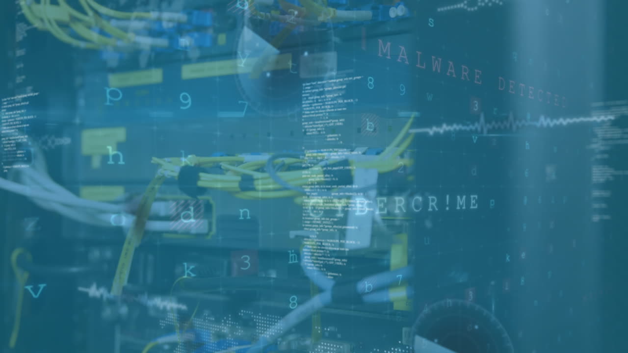 Animation of data processing and cyber attack text over computer server