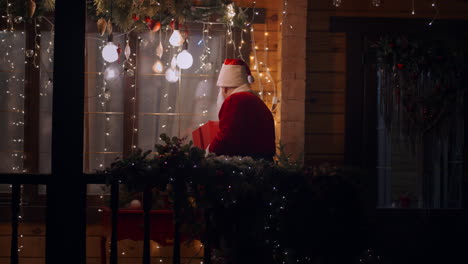 santa claus is carrying a gift in his hands outside in winter and comes to the window with garlands and christmas decorations to look inside the house