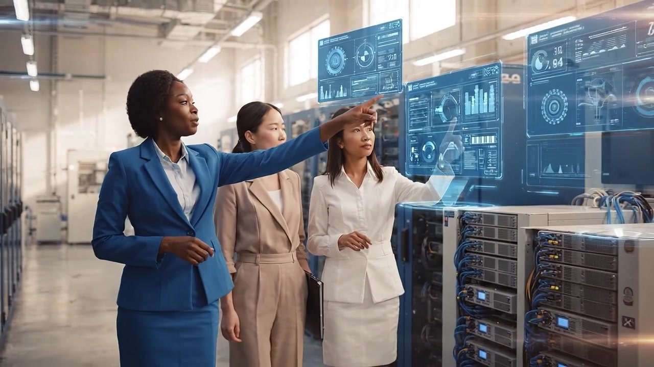 Diverse Businesswomen Interacting with Holographic Data Displays in a Server Room