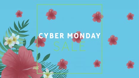 Animation-of-cyber-monday-sale-text-in-green-frame-over-red-flowers-on-blue-background