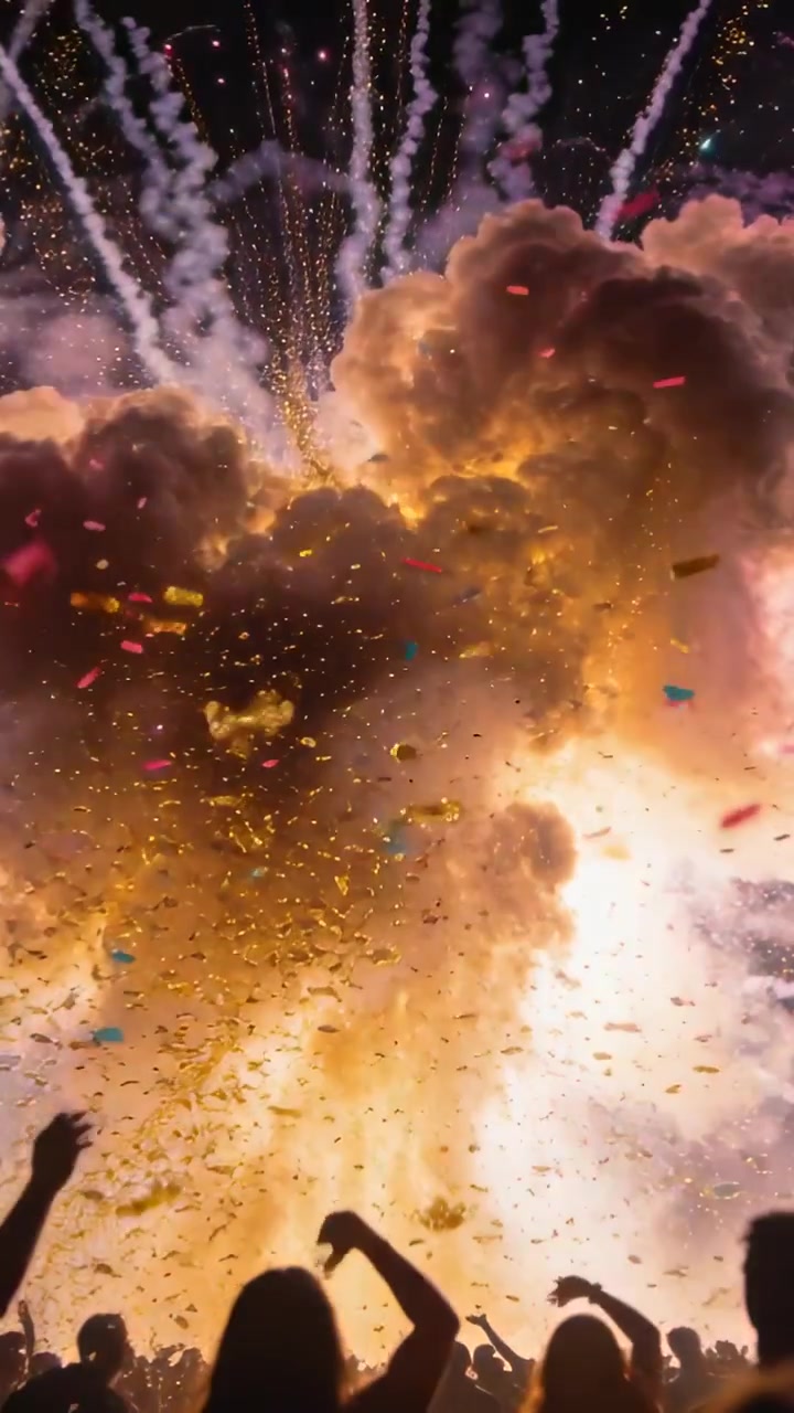 Vertical video: Bursting fireworks cloud billowing at concert finale showering crowd with confetti