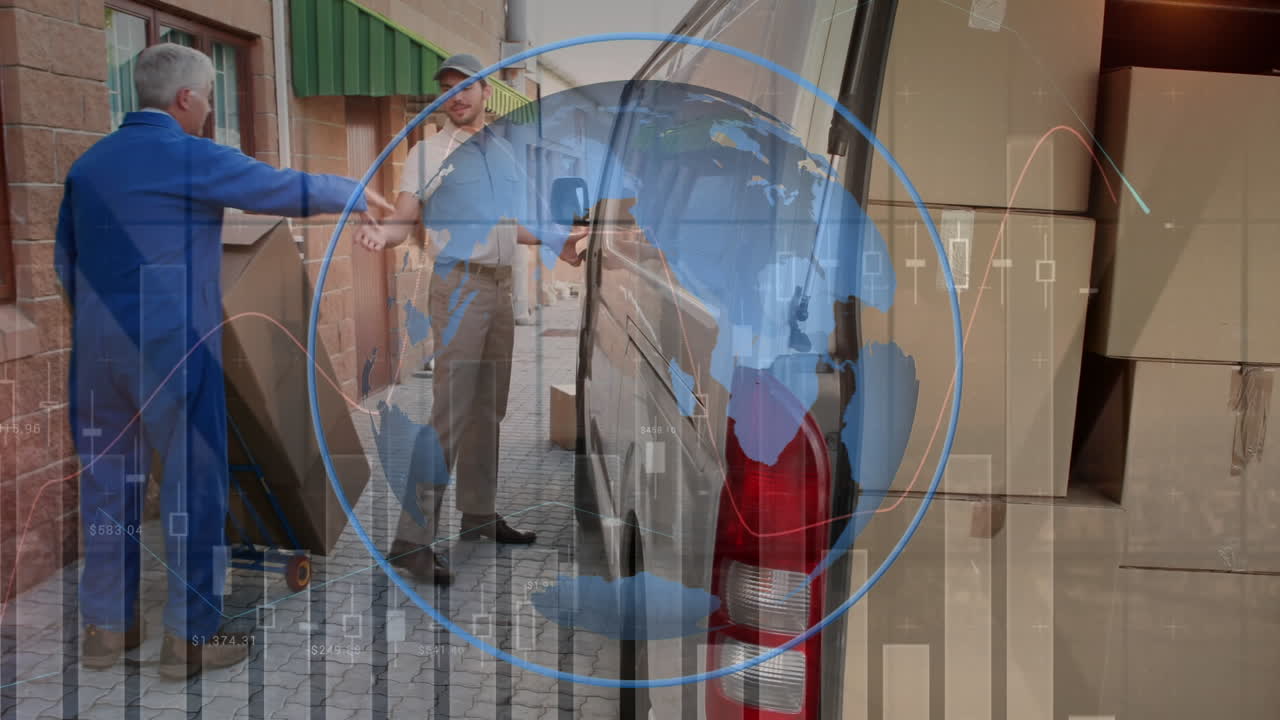 анимация доставщика с грузовиком, заполненным картонными коробками над голубым глобусом