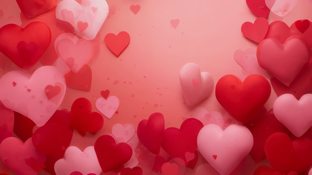 Fluttuando nel gioco, cuori che si muovono verso lo spettatore in uno sfondo rosa pesca con coriandoli, creando un tunnel