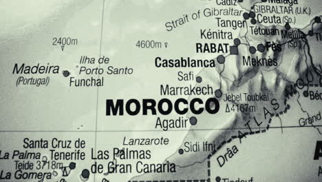 a detailed black and white map centered on morocco, showing surrounding regions and cities