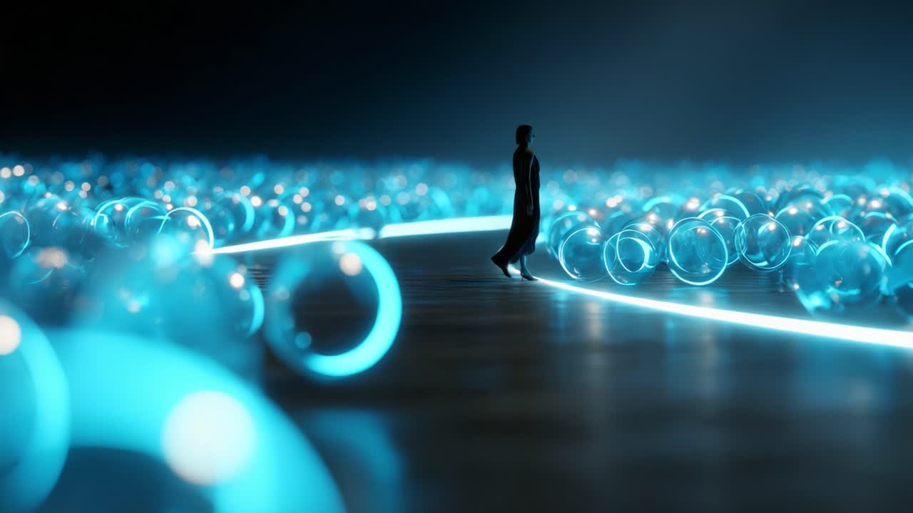 A Mysterious Figure Stands Alone Amidst a Sea of Glowing Bubbles, Illuminated by a Soft Blue Light, Creating an Enigmatic Atmosphere Filled with Wonder and Intrigue in an Abstract Digital Realm