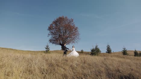 Newlyweds.-Caucasian-groom-with-bride-walking-on-mountain-slope.-Wedding-couple