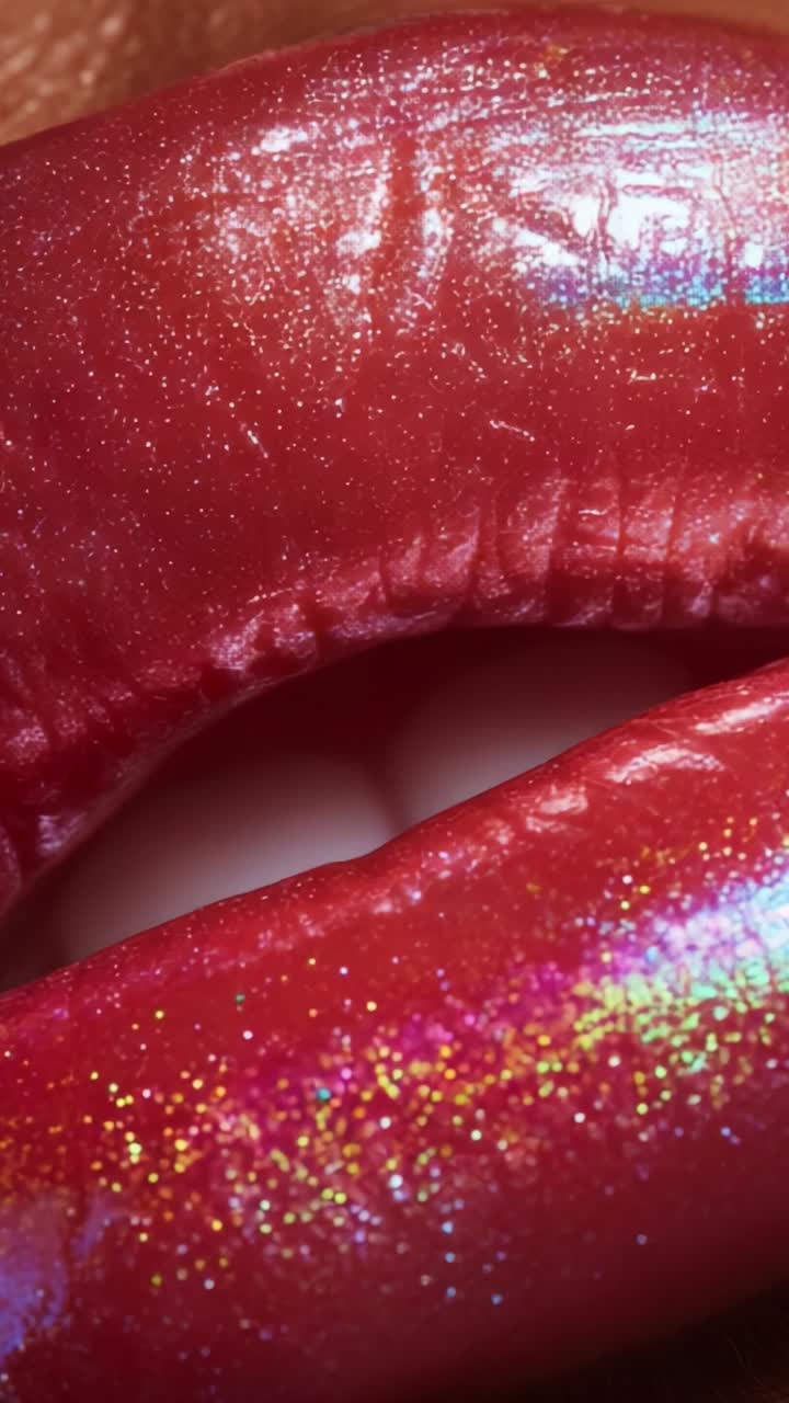 Primo piano di labbra rosse lucide con riflessi glitter scintillanti che catturano la bellezza del trucco labbra e dei cosmetici in una straordinaria presentazione visiva