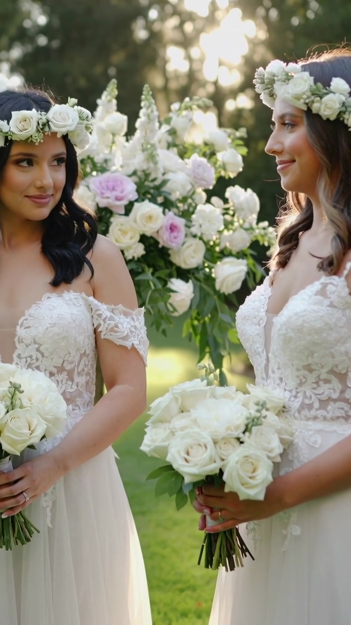 Vertical video: Sunlight starting two brides sharing glances during wedding in gowns, with bouquets