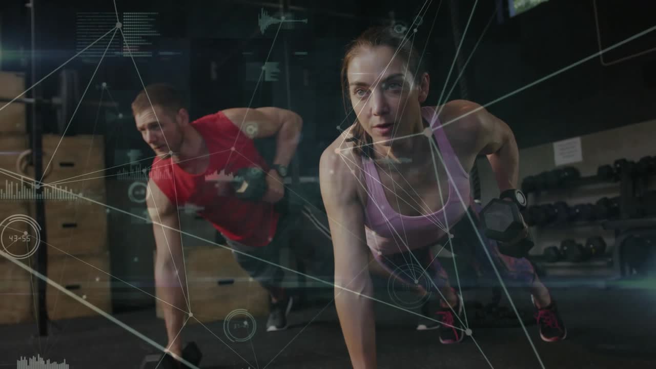 Woman and man starting from high plank, doing dumbbell rows for fitness with HUD lines intensifying
