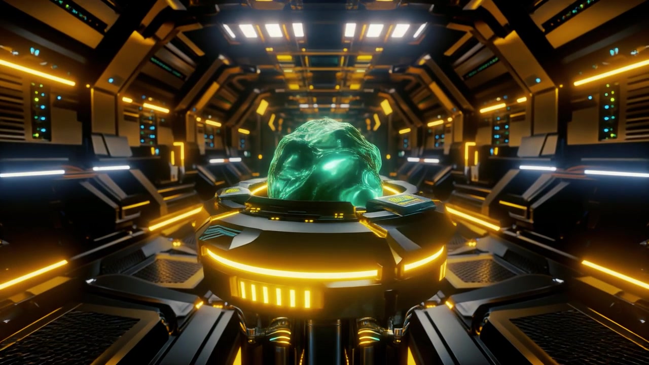 Glowing Green Energy Sphere Floating in Futuristic Spaceship Corridor