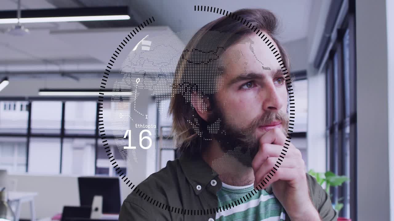Man standing in open-plan office, globe overlay appearing over head, tracking business AR metrics