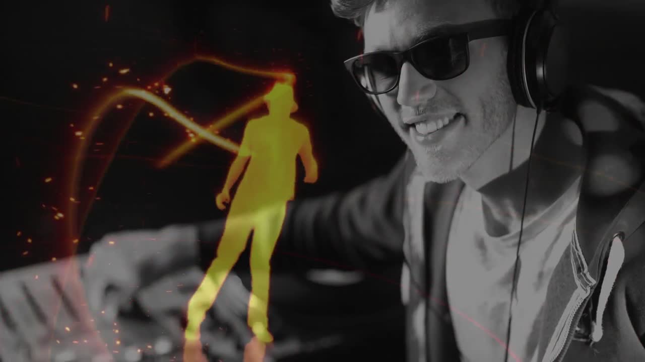 animación digital que muestra a un discotequista sonriente mezclando música en un pub 4k