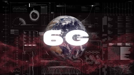 animación de texto de 6g, gráficos, barras de carga, círculos con patrón de globo sobre onda en fondo negro