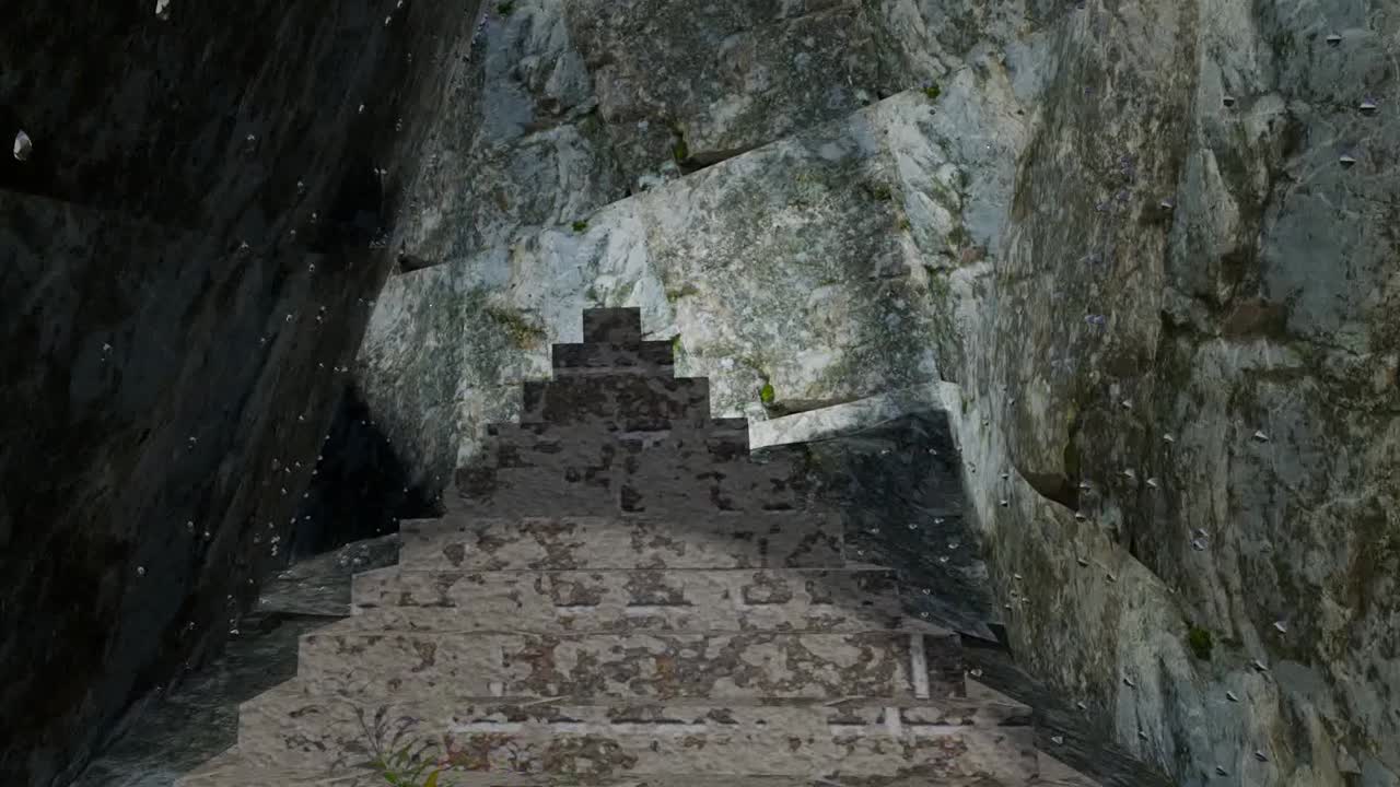 3D modeling showing the journey in first person at the top of the mountains of a Canyon heading towards a cave full of diamonds on the walls and at the end a mysterious pyramid