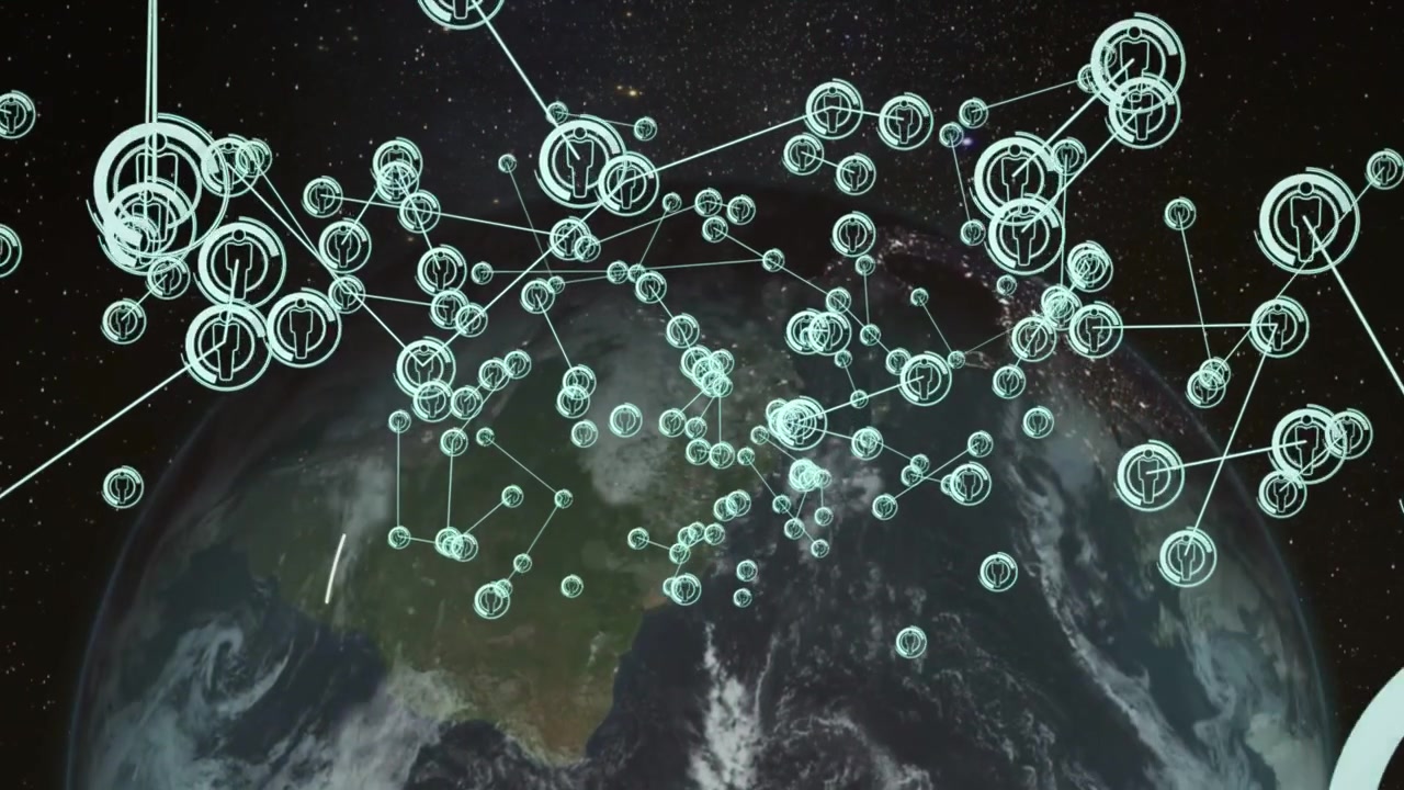 Flusso di dati che attiva una rete di nodi ciano sopra la Terra, con nodi che formano hub e archi orbitali per le telecomunicazioni