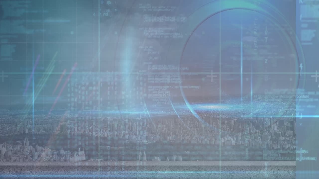 도시 풍경 위의 데이터 처리 애니메이션