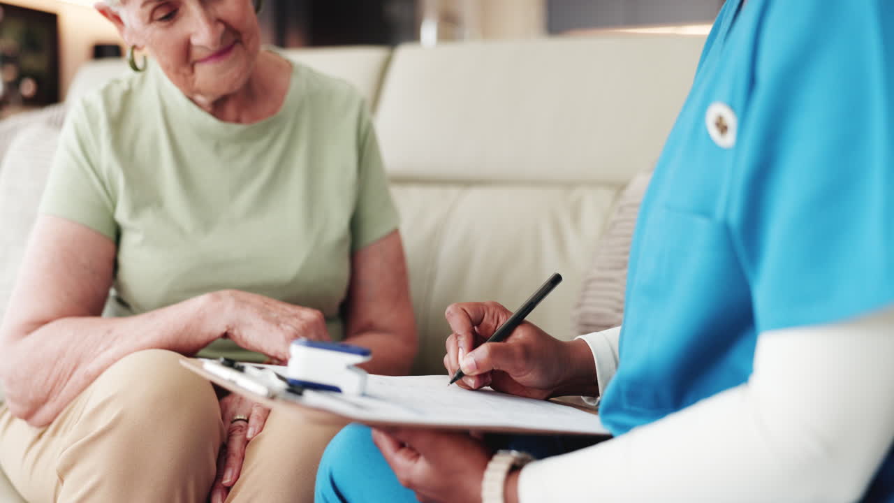 Healthcare Professional Writing Notes During Home Visit with Elderly Woman