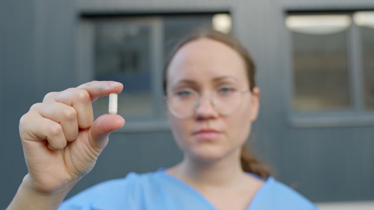 enfermera con gafas presentando una nueva píldora de medicina, vista frontal