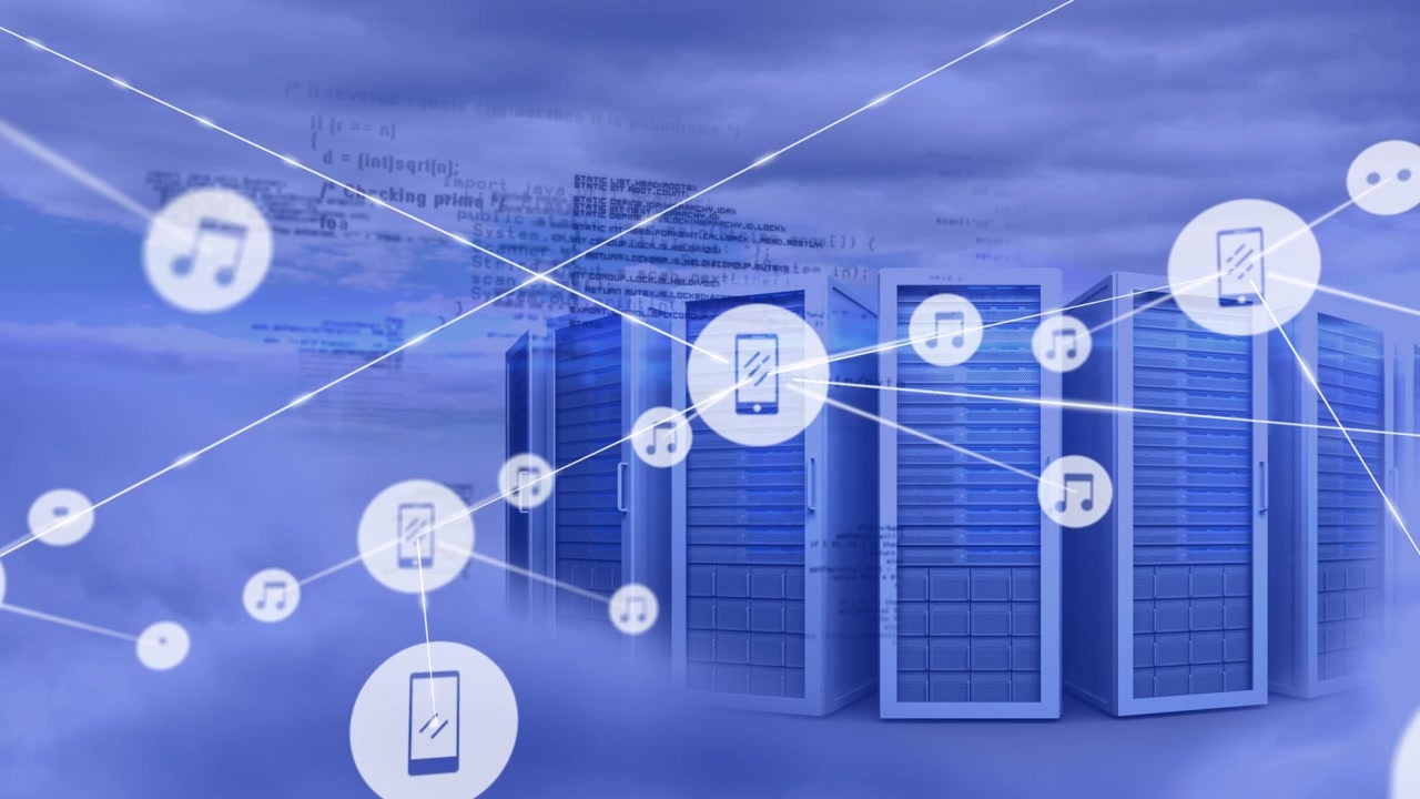 Animasjon av nettverk av forbindelser med ikoner og data over dataservere i skyen