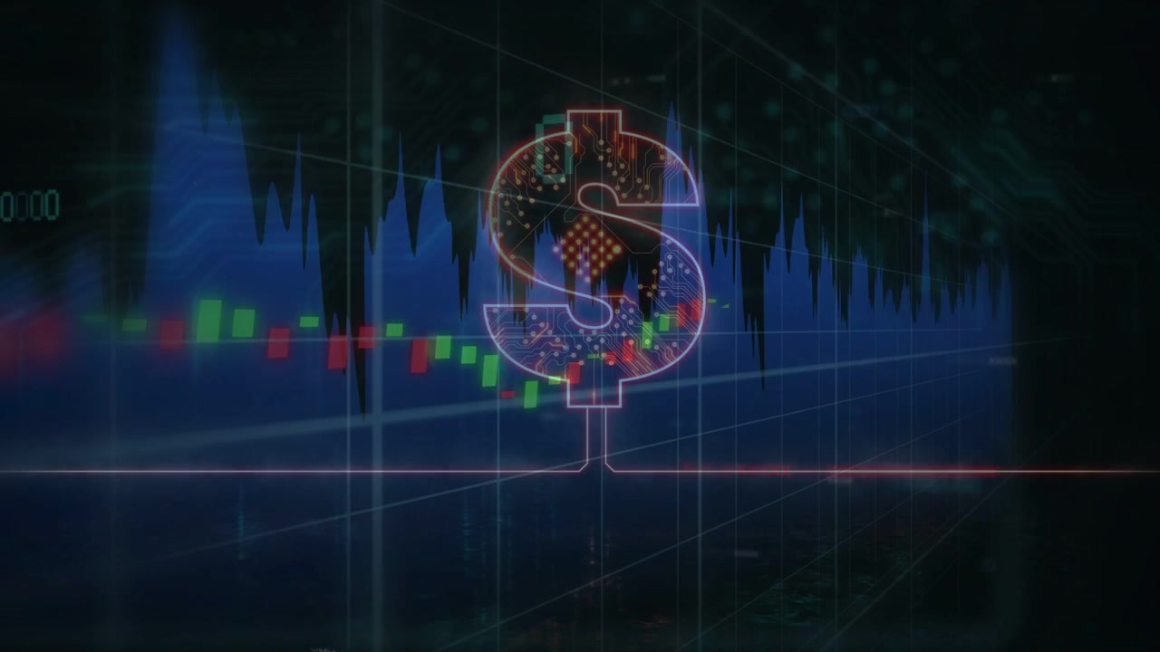 Sinal de dólar neon pulsando, com velas subindo e caindo, e uma forma de onda com picos, visualizando movimentos do mercado.
