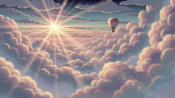 Mongolfiera sognante in stile anime sopra le nuvole al tramonto