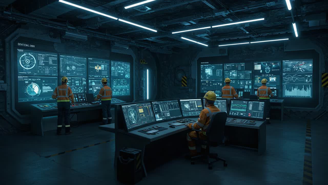 Advanced Industrial Control Room Featuring Engineers in Safety Gear Operates Cutting-Edge Technology for Monitoring and Management of Complex Systems