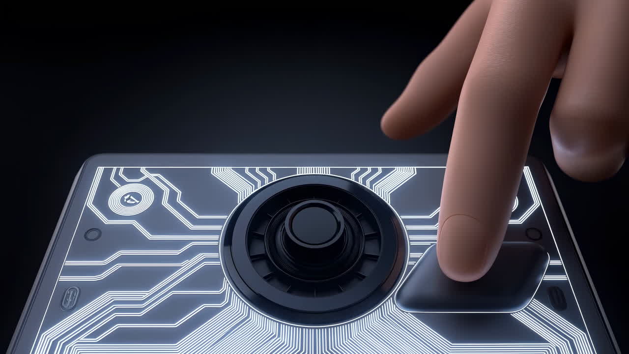 Mano animata che preme un pulsante su un pannello di controllo futuristico.
