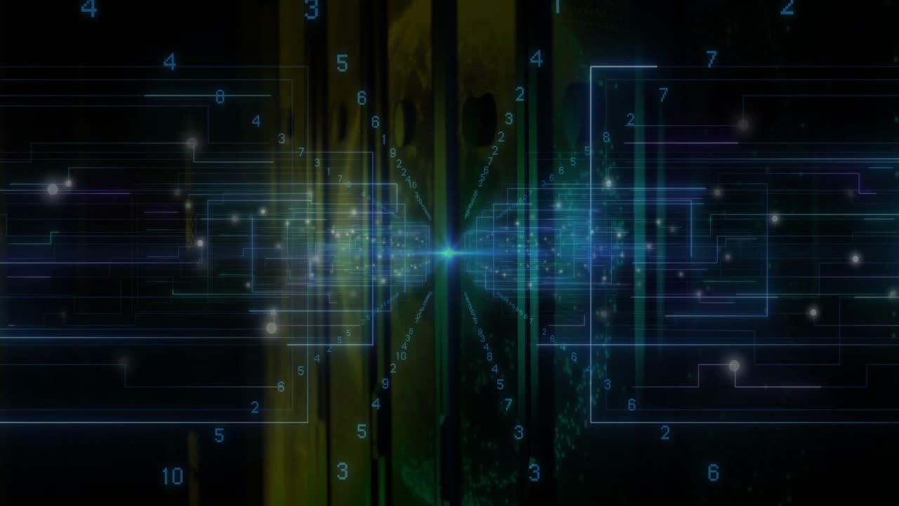 Central glowing node initiating forming grid lines and drifting digit glyphs to visualize data flow