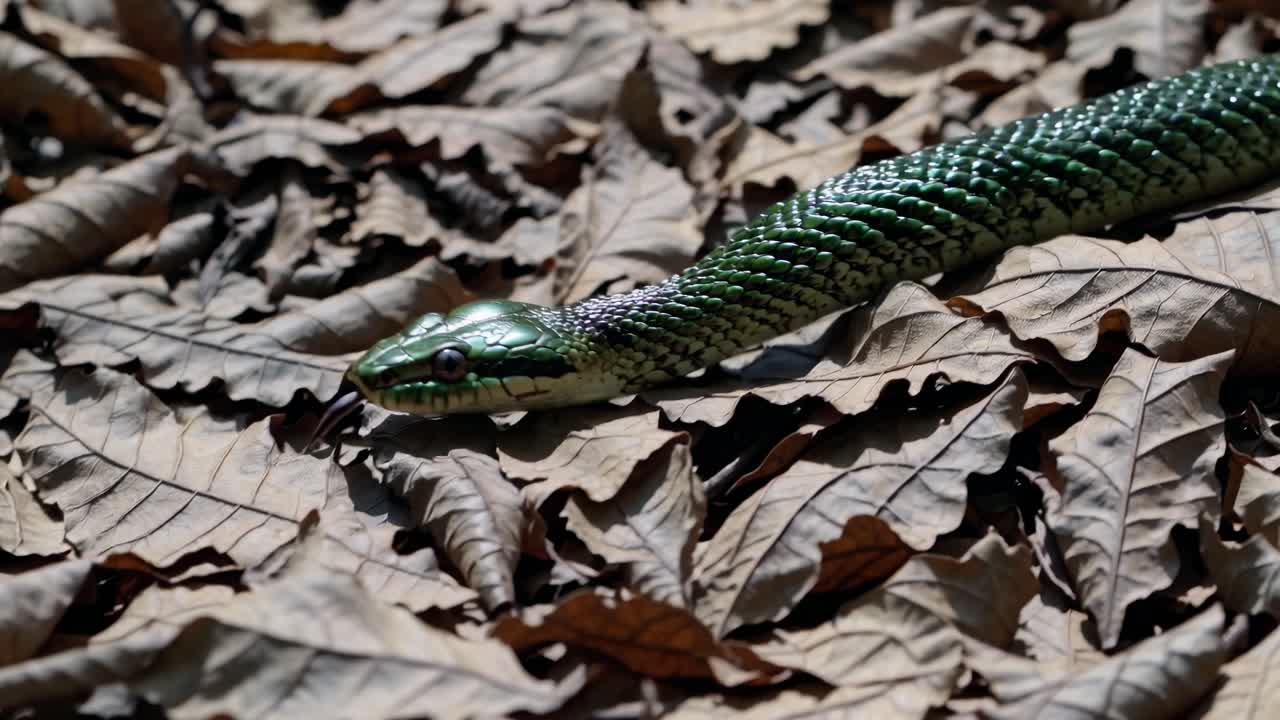 Close-up video of a green snake slithering over dry leaves. Captured from a low angle