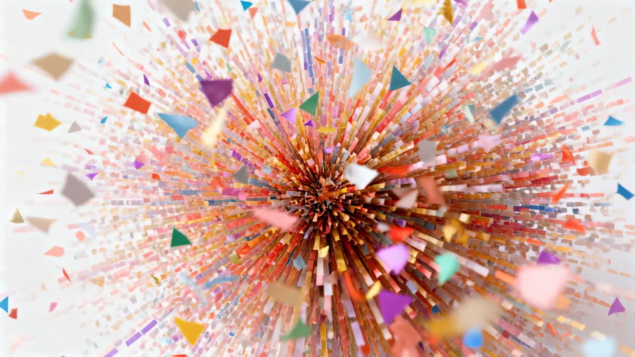 Espulsione del nucleo centrale, gruppo di colori che si espande in uno studio bianco crema, proiettando aste e frammenti triangolari